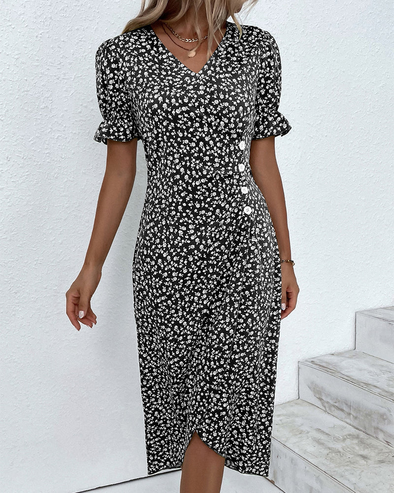 Women's Dress | V-Neck Wrap Short Sleeve Midi
