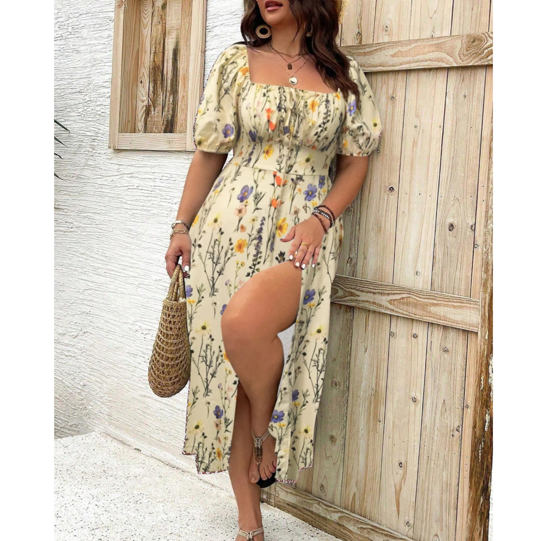 Women's Dress | Puff Sleeve Slit Midi