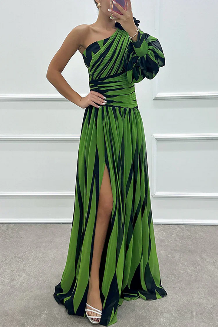 Women's Dress | Striped Maxi One Shoulder Slit