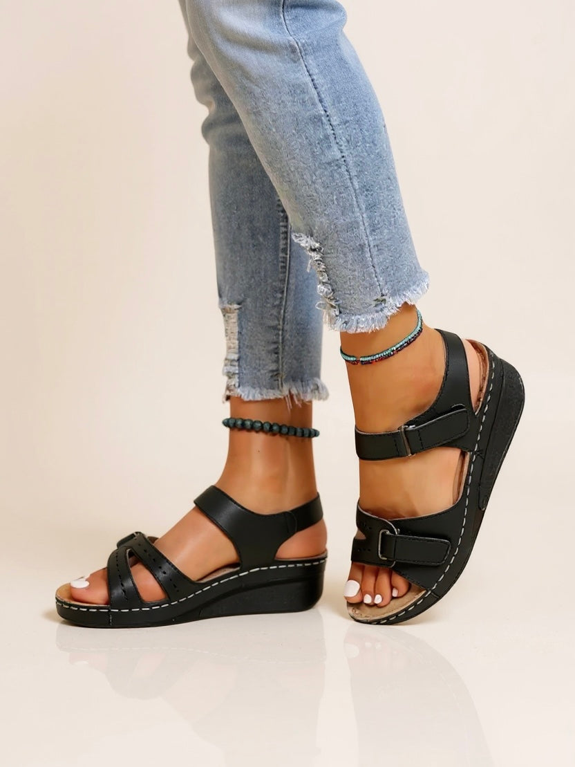 Women's Orthopedic Strappy Open Toe Wedge Sandals with Dual Buckle
