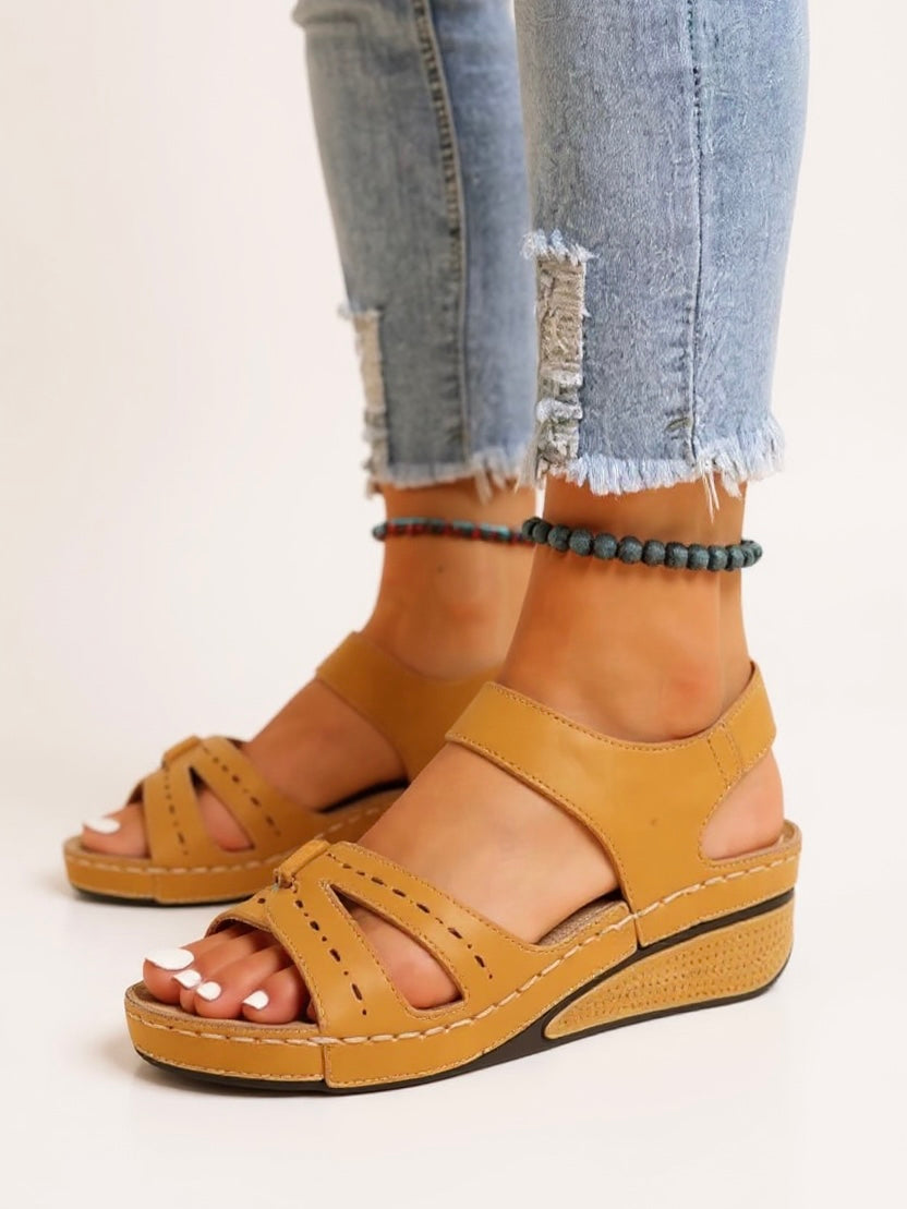 Women's Orthopedic Strappy Open Toe Wedge Sandals with Dual Buckle