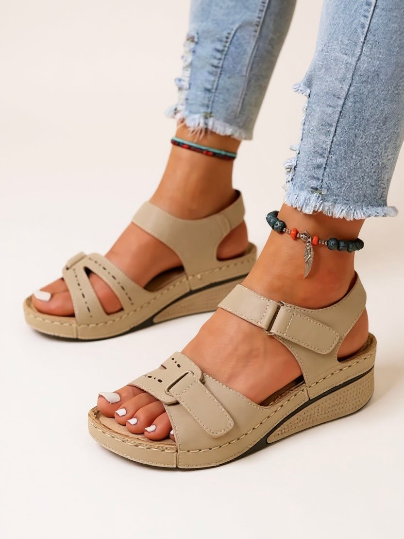 Women's Orthopedic Strappy Open Toe Wedge Sandals with Dual Buckle