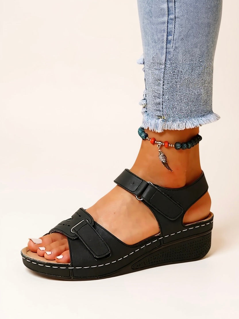 Women's Orthopedic Strappy Open Toe Wedge Sandals with Dual Buckle