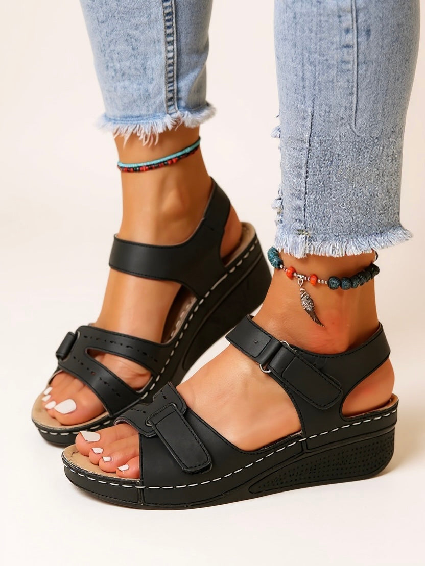 Women's Orthopedic Strappy Open Toe Wedge Sandals with Dual Buckle