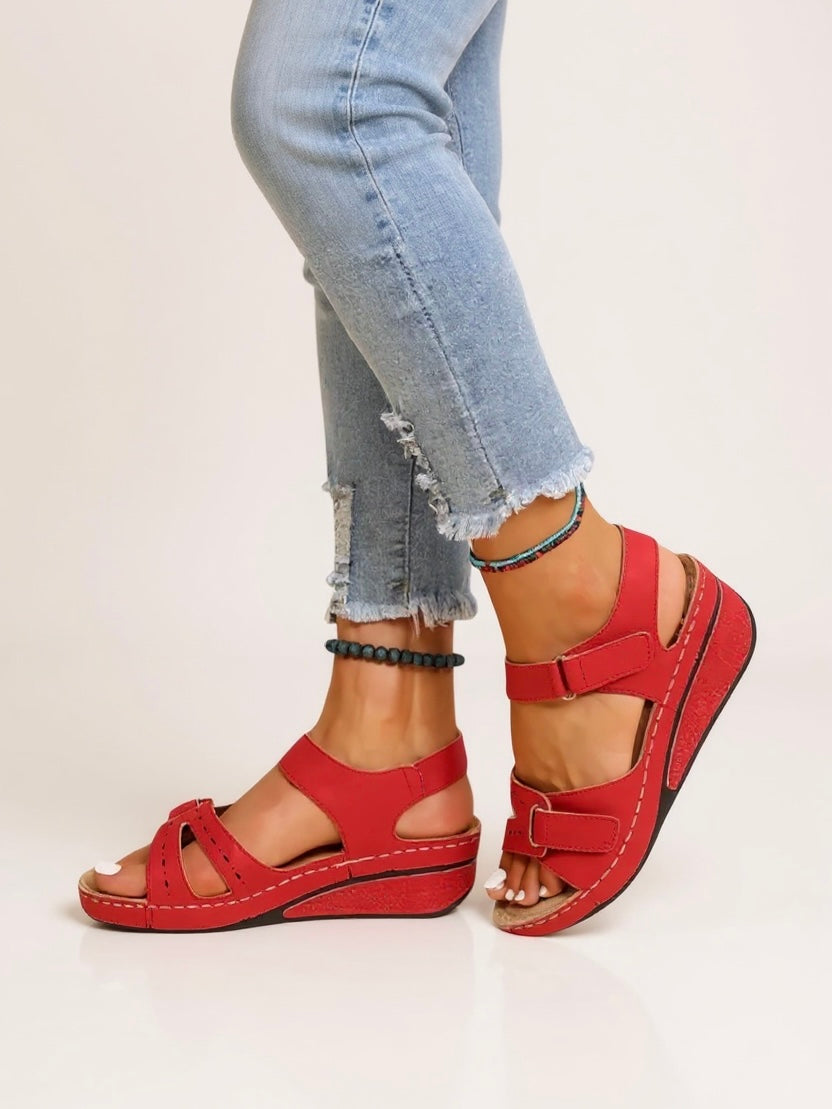 Women's Orthopedic Strappy Open Toe Wedge Sandals with Dual Buckle