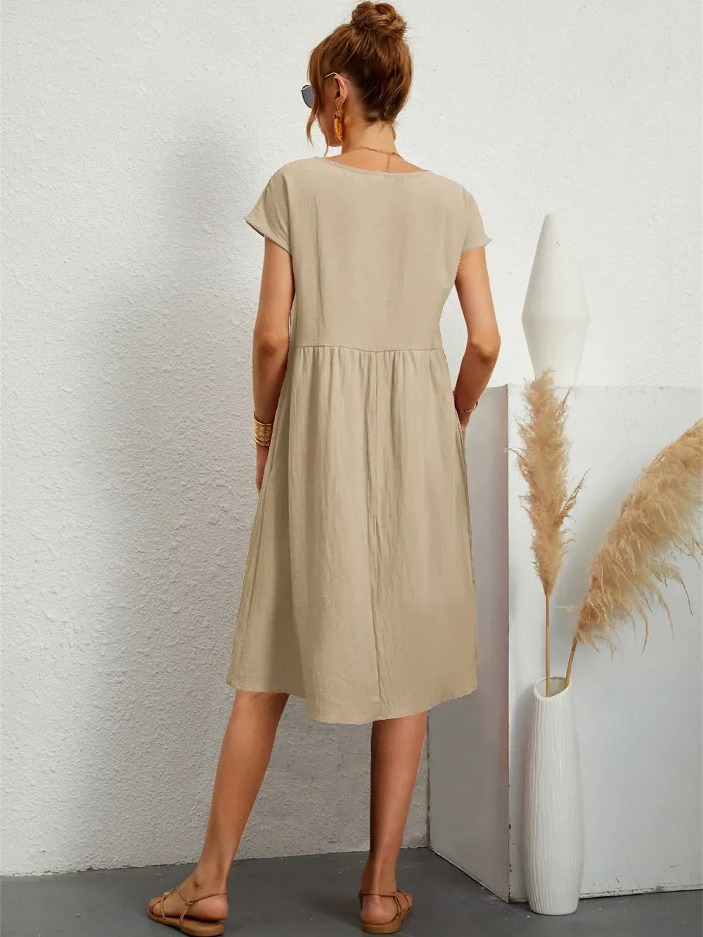 Women's Casual Dress | Short Sleeve Midi with Side Pockets