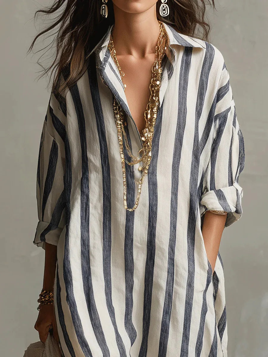 Women's Shirt Dress | Maxi V-Neck Striped