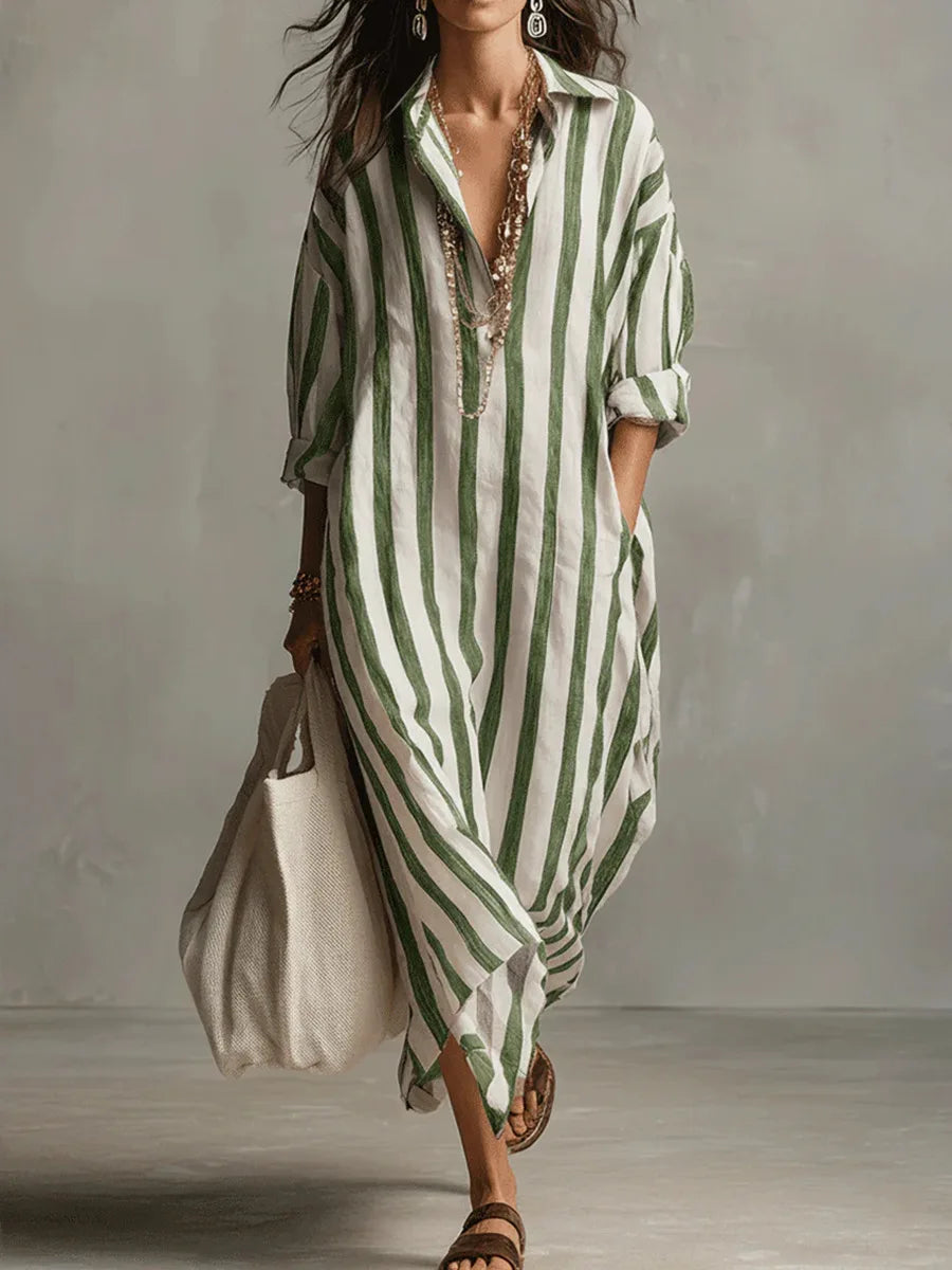 Women's Shirt Dress | Maxi V-Neck Striped