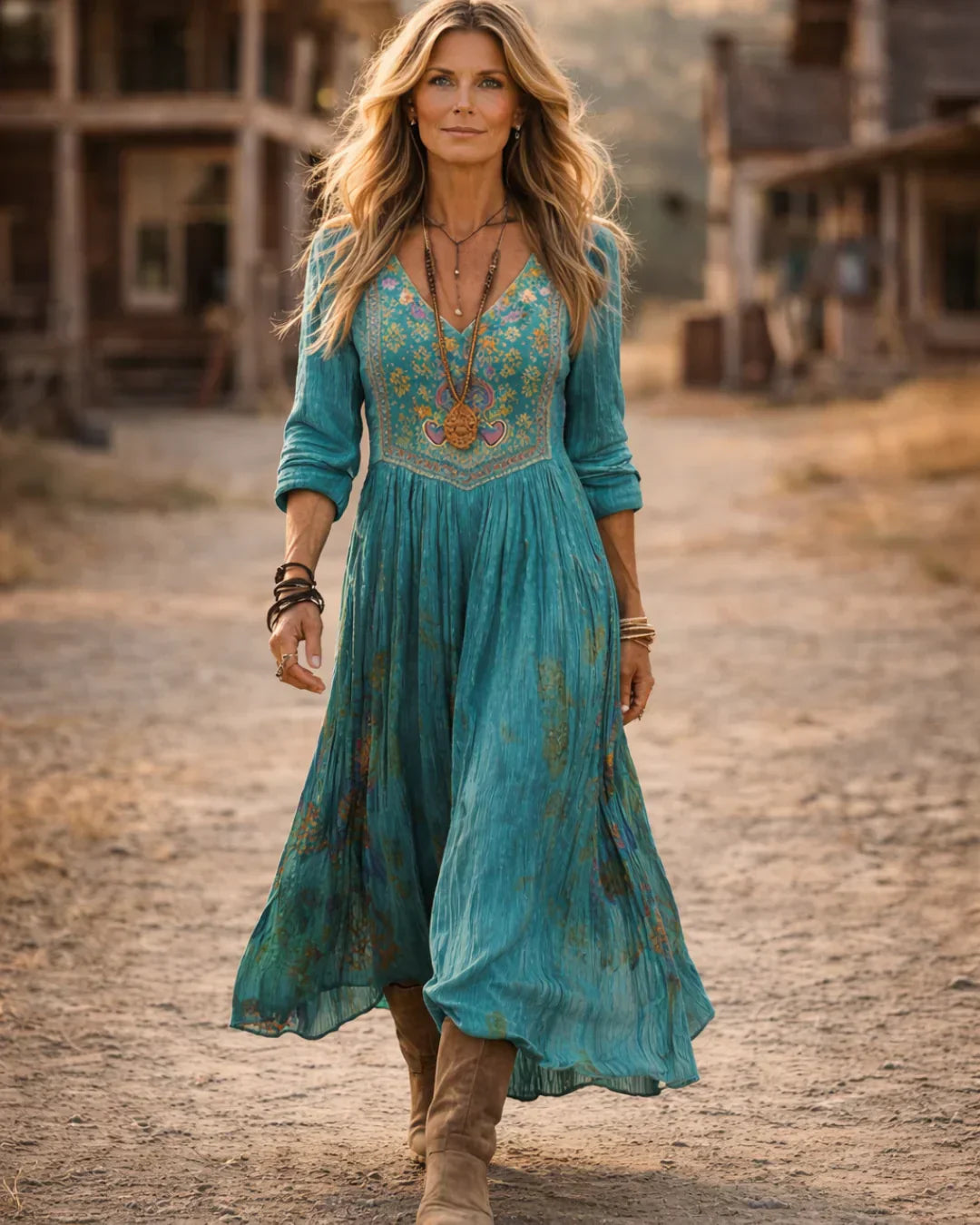 Women's Boho Midi Dress | V-Neck Long Sleeve