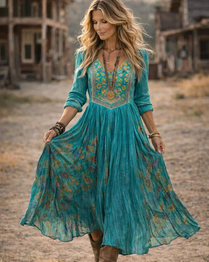 Women's Boho Midi Dress | V-Neck Long Sleeve