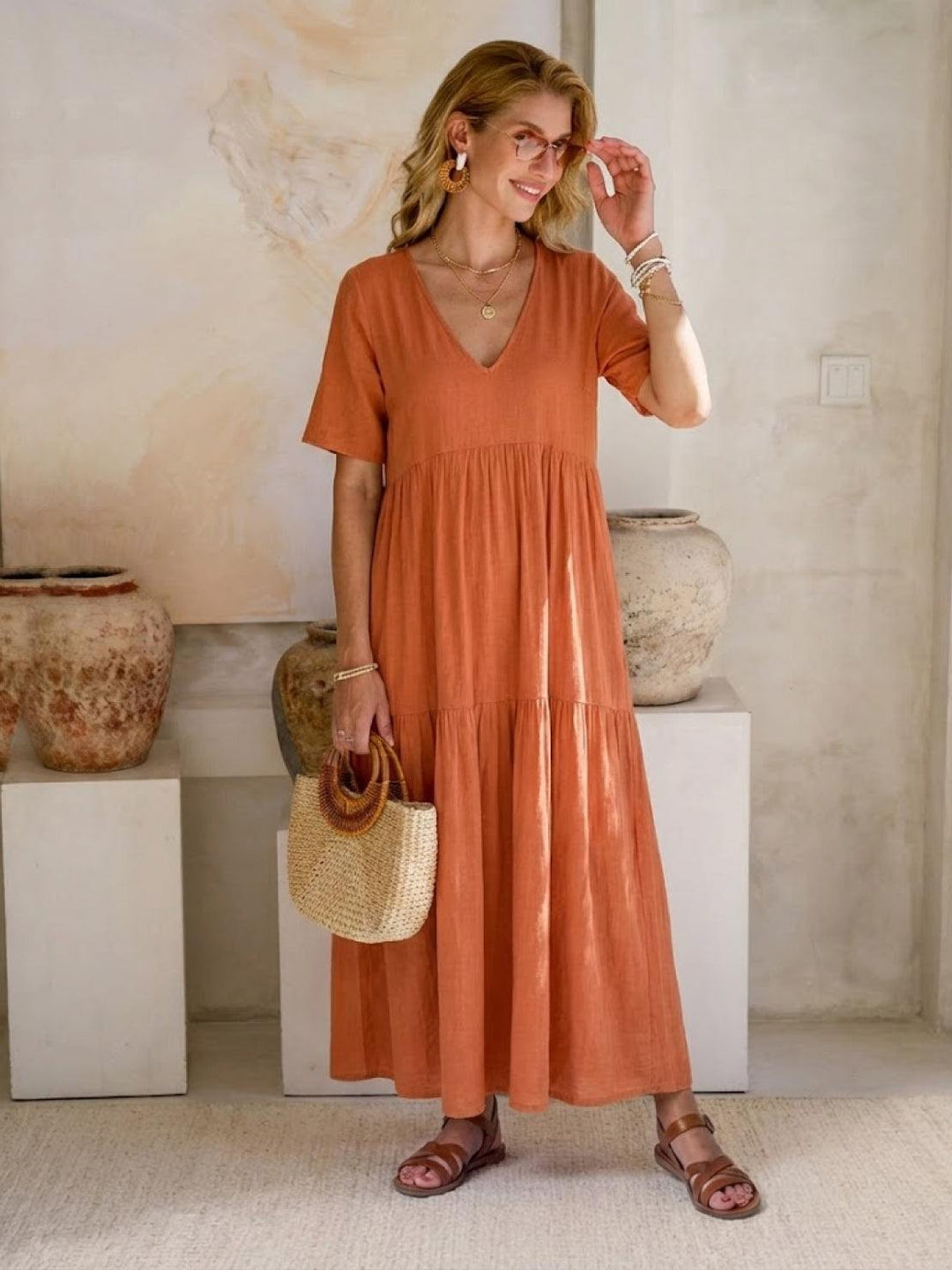 Women's Boho Maxi Dress | V-Neck Tiered