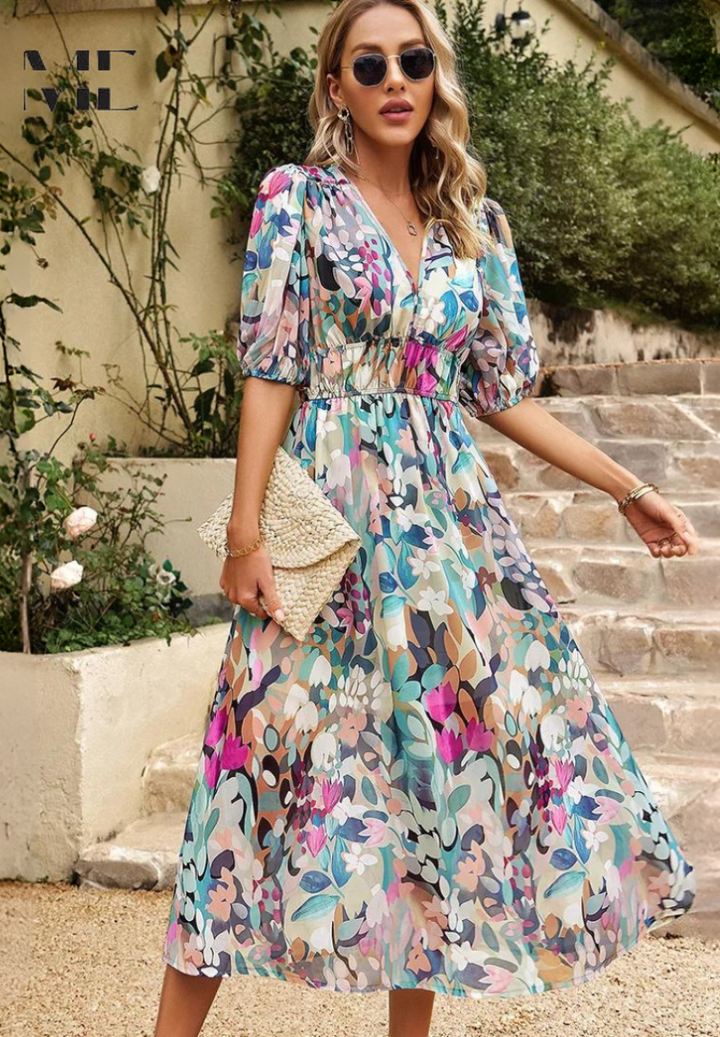 Women's Wedding Guest Midi Dress | V-Neck Floral