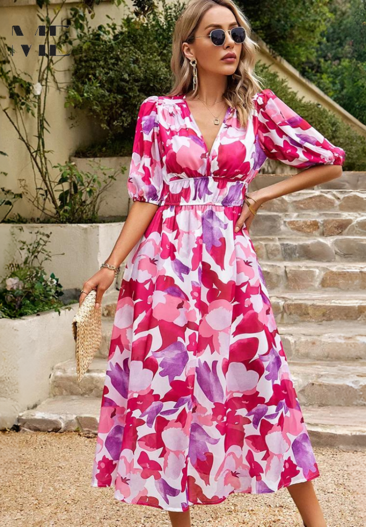 Women's Wedding Guest Midi Dress | V-Neck Floral