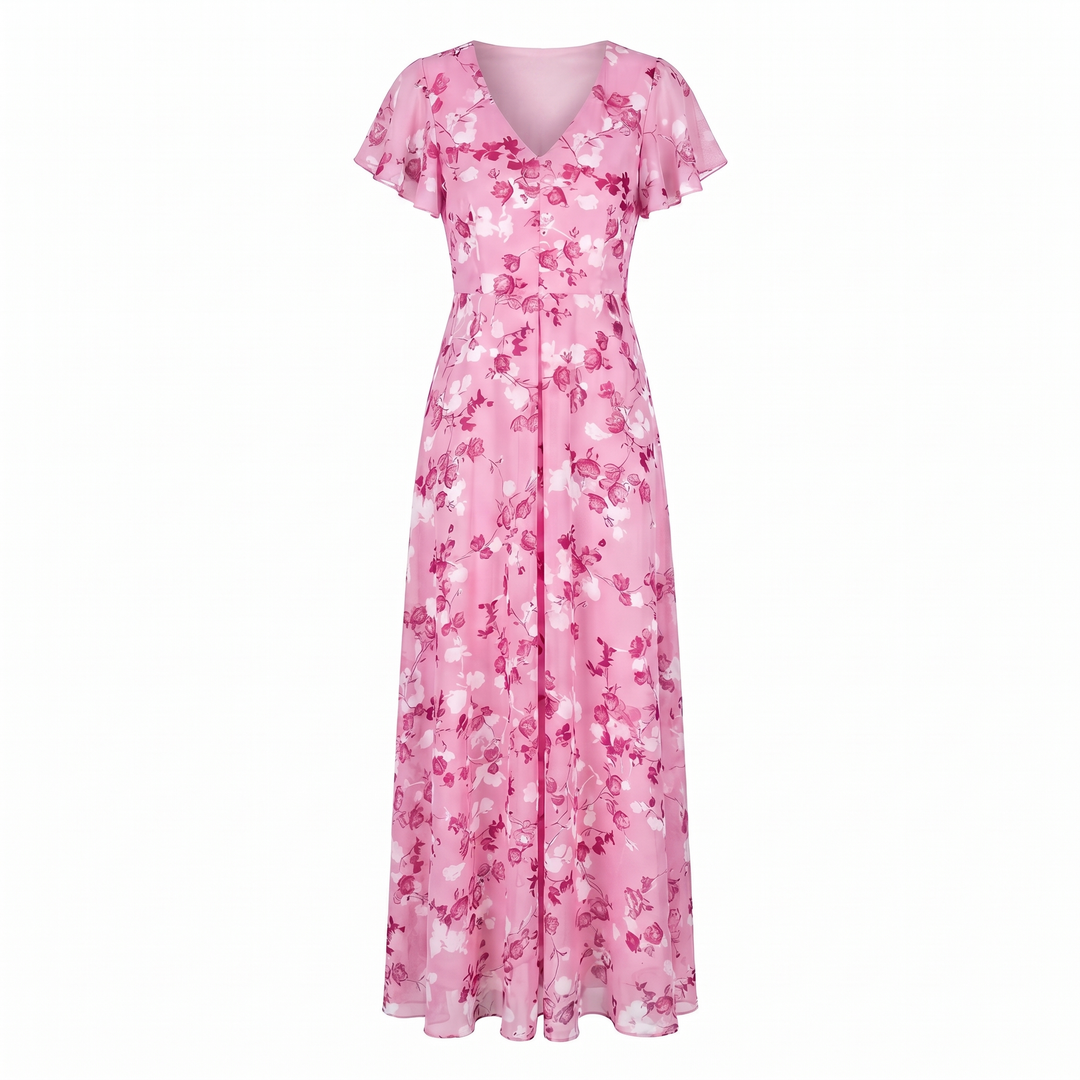 Women's Cocktail Maxi Dress | V-Neck Flutter Sleeve