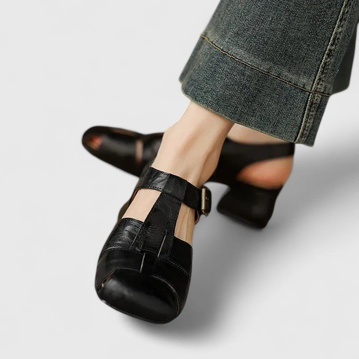 Layla | Women's Leather Sandals Square Toe Block Heel Strappy