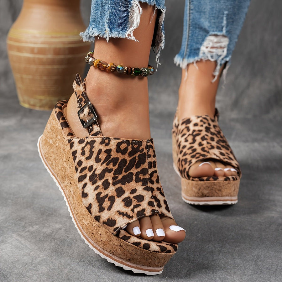 Amelia | Women's Leopard Print Platform Wedge Comfortable Sandals Buckle Strap