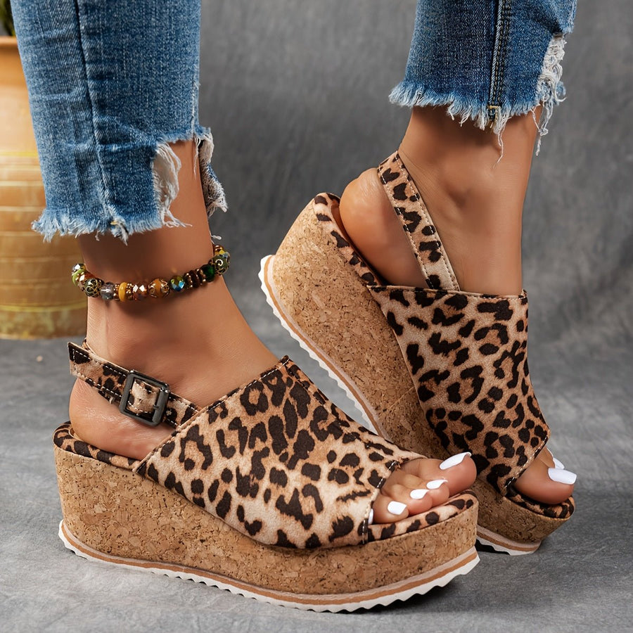 Amelia | Women's Leopard Print Platform Wedge Comfortable Sandals Buckle Strap